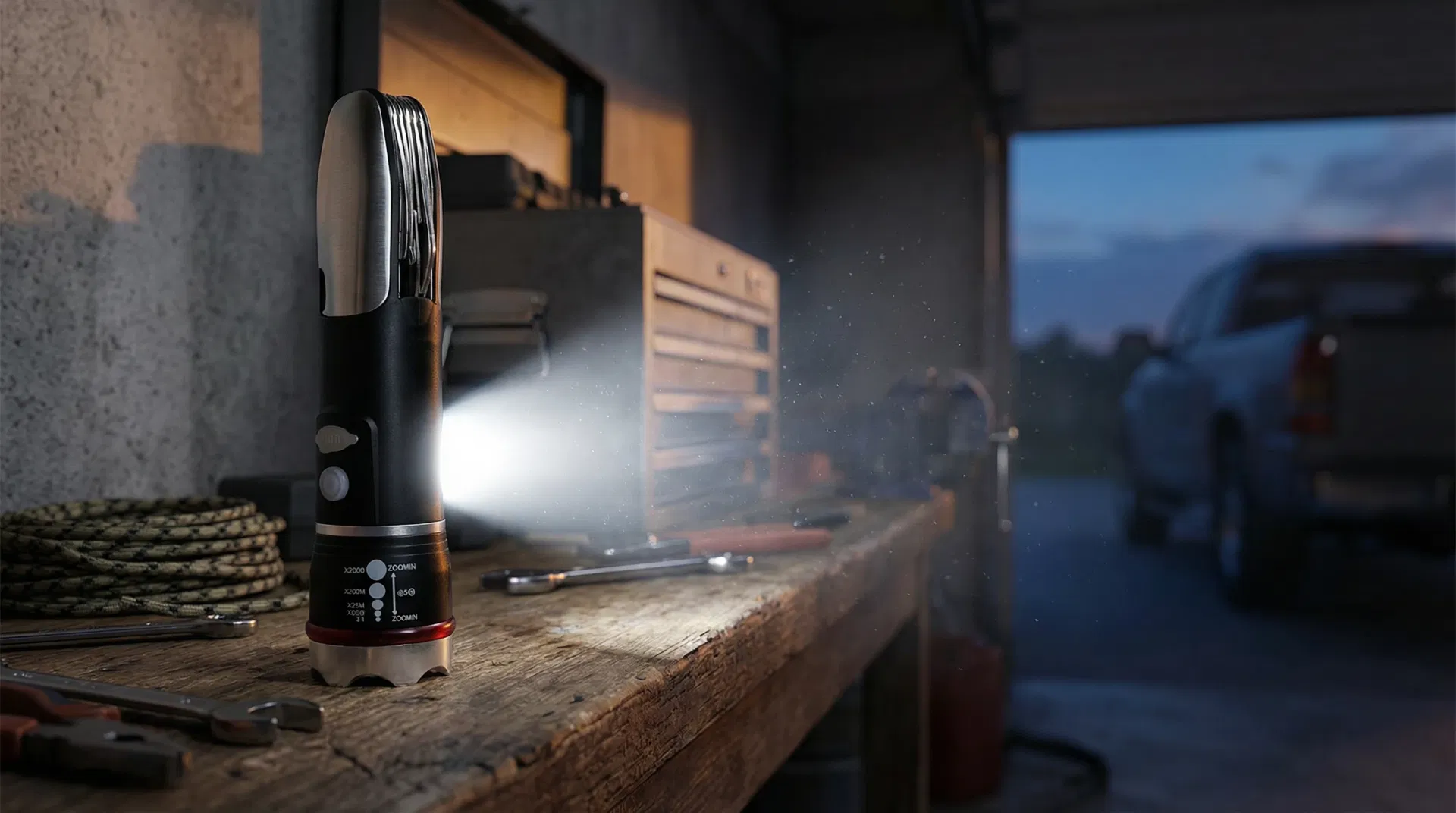 Nano Banana Pro failed generation: flashlight beam deforming the tool structure.