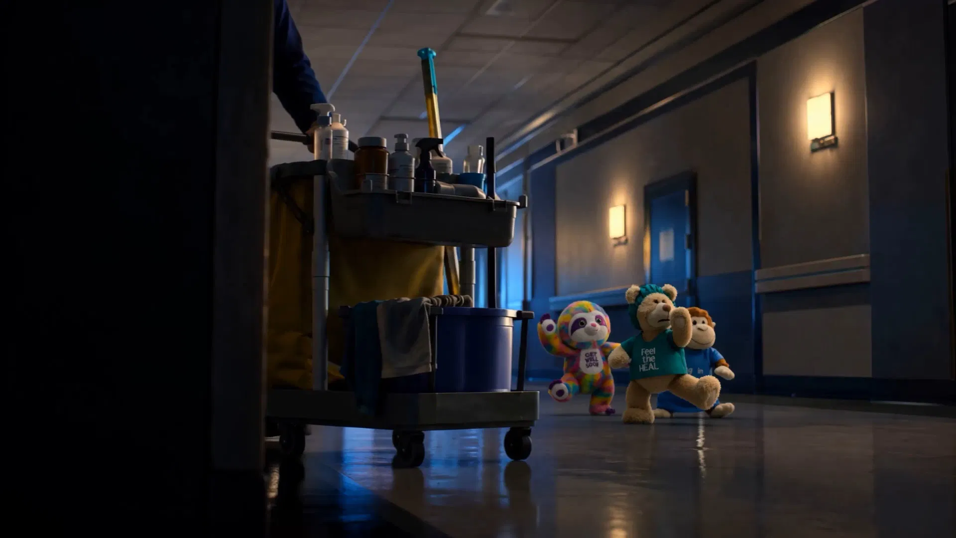 A wide frame of the plush toys freezing in place behind a janitor's cart in the corridor to avoid being spotted by humans.