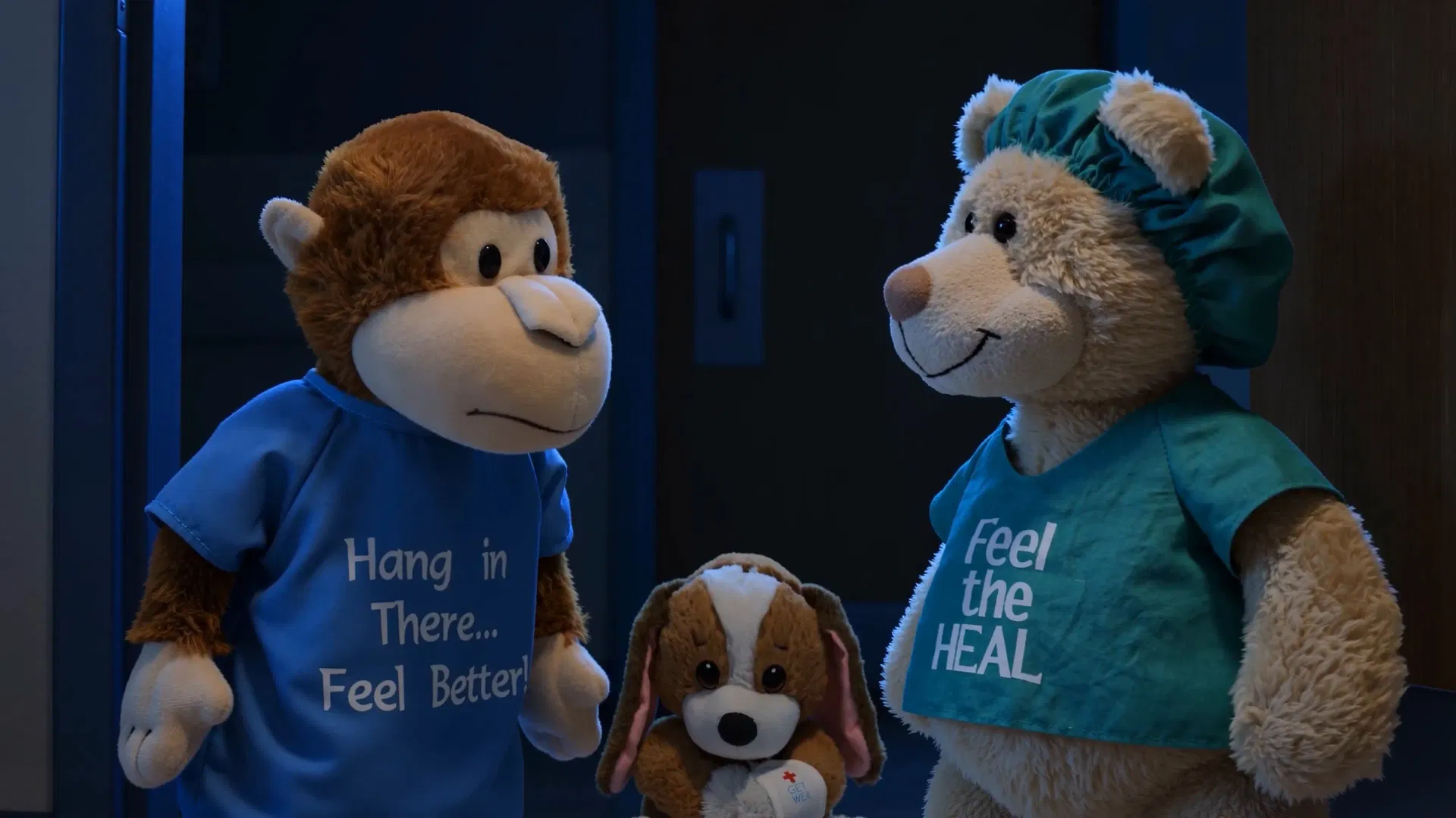 The main characters, a plush monkey, puppy, and teddy bear, wearing patient gowns and medical scrubs in a hospital doorway.