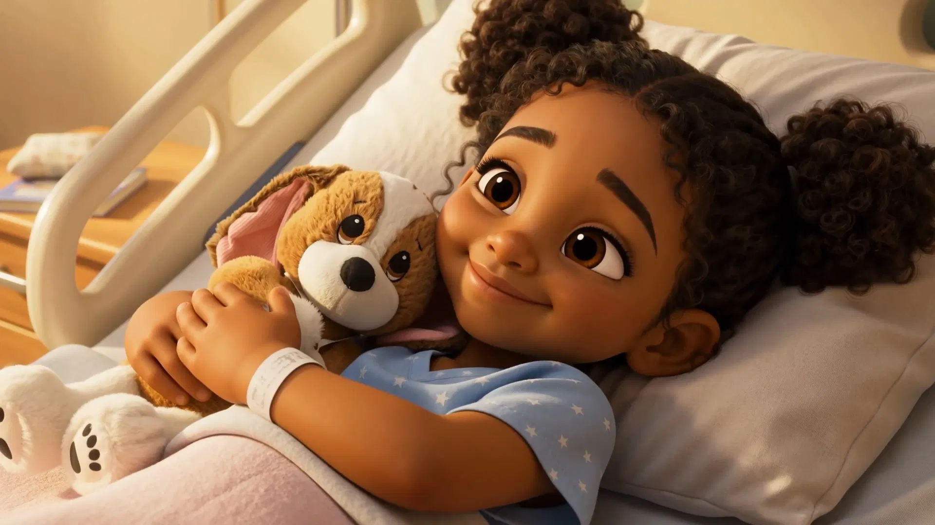 The commercial's final shot: a young patient smiling in her hospital bed while holding the plush puppy.