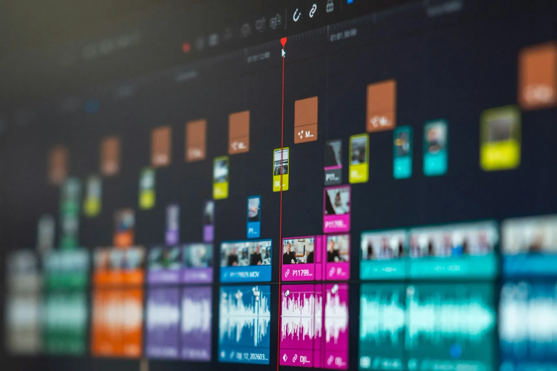 A video editing timeline in post-production showing audio waveforms and video tracks.