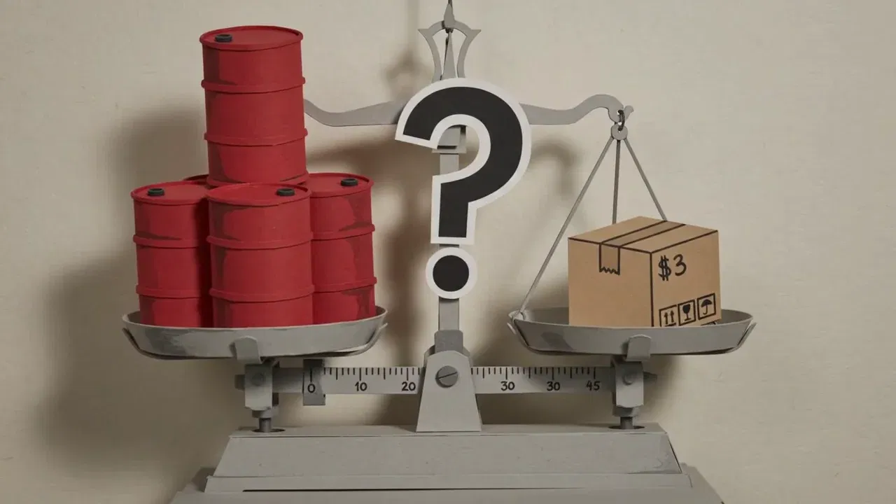 The economic paradox: A mechanical paper scale weighing jet fuel costs against a single three-dollar package.