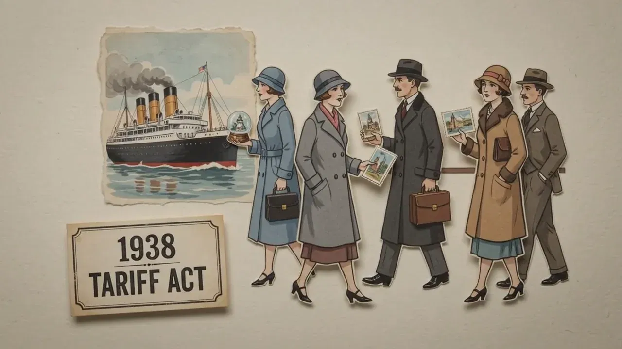 Clip 3 bridge frame: Aged 1930s Tariff Act parchment revealing the historical origins of the exemption.