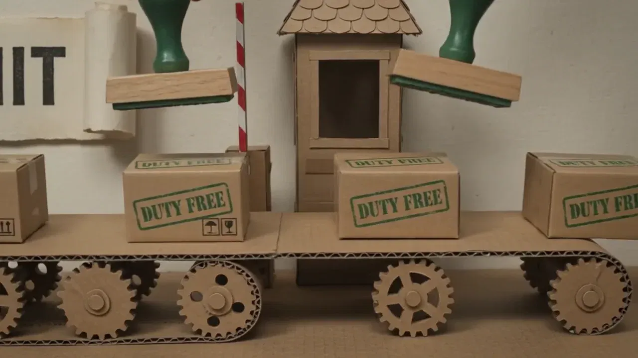 Visualizing regulatory bypass: Cardboard parcels gliding past an open customs inspection booth under a duty-free stamp.