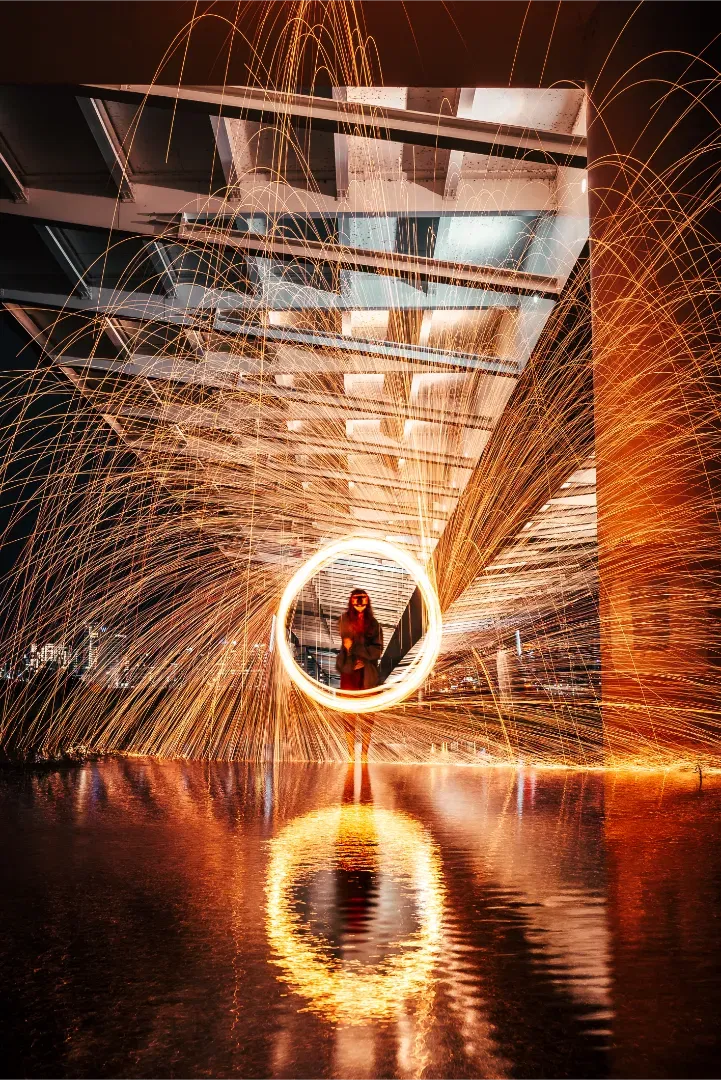 Steel wool light painting under a Dallas highway overpass.