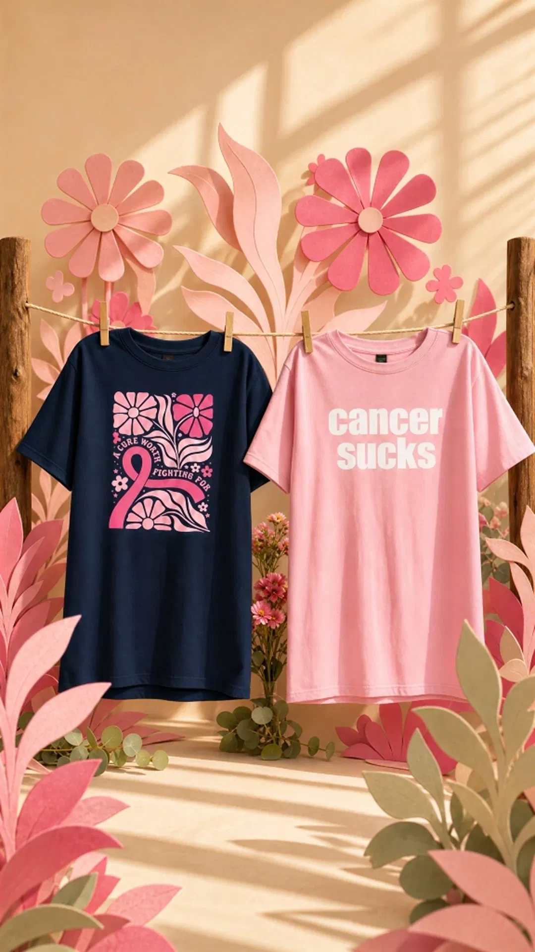 Vertical social ad for Kelli's Breast Cancer Awareness graphic tees