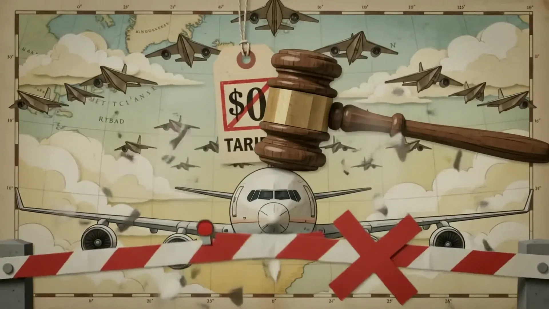 Paper-collage customs barrier and tariff gavel striking a transport plane in The De Minimis Loophole