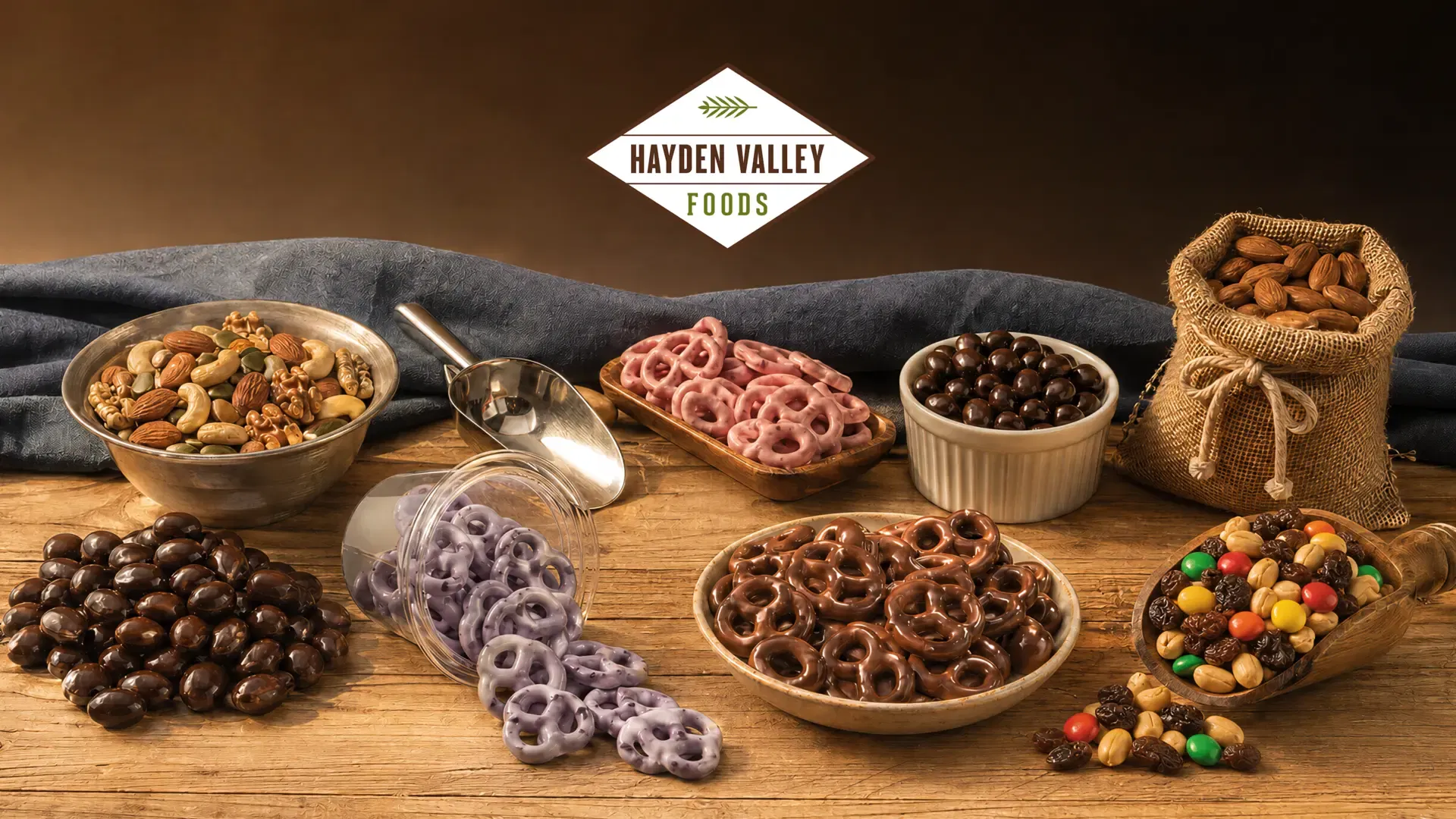 Hayden Valley Foods product assortment showing sweet confections, roasted nuts, and gourmet pretzels