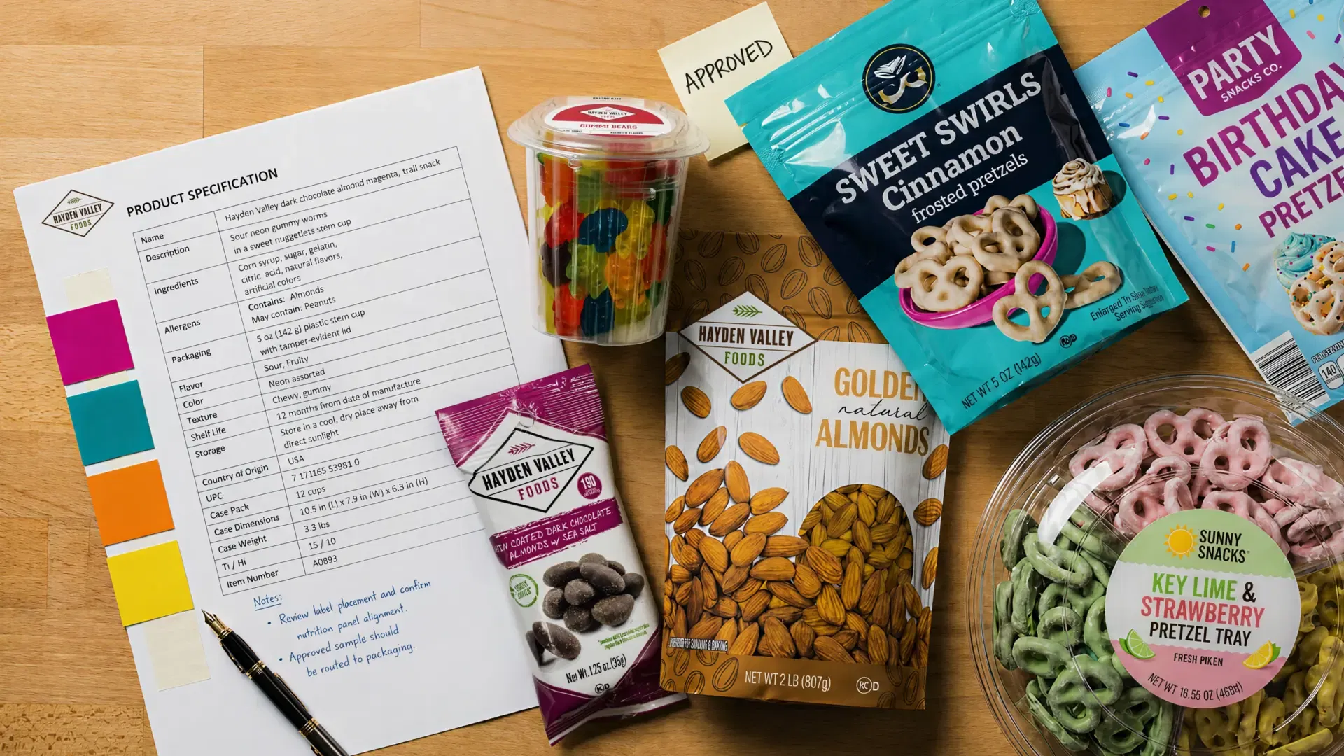 Hayden Valley Foods product specification sheet, approved sample notes, and retail packaging lineup