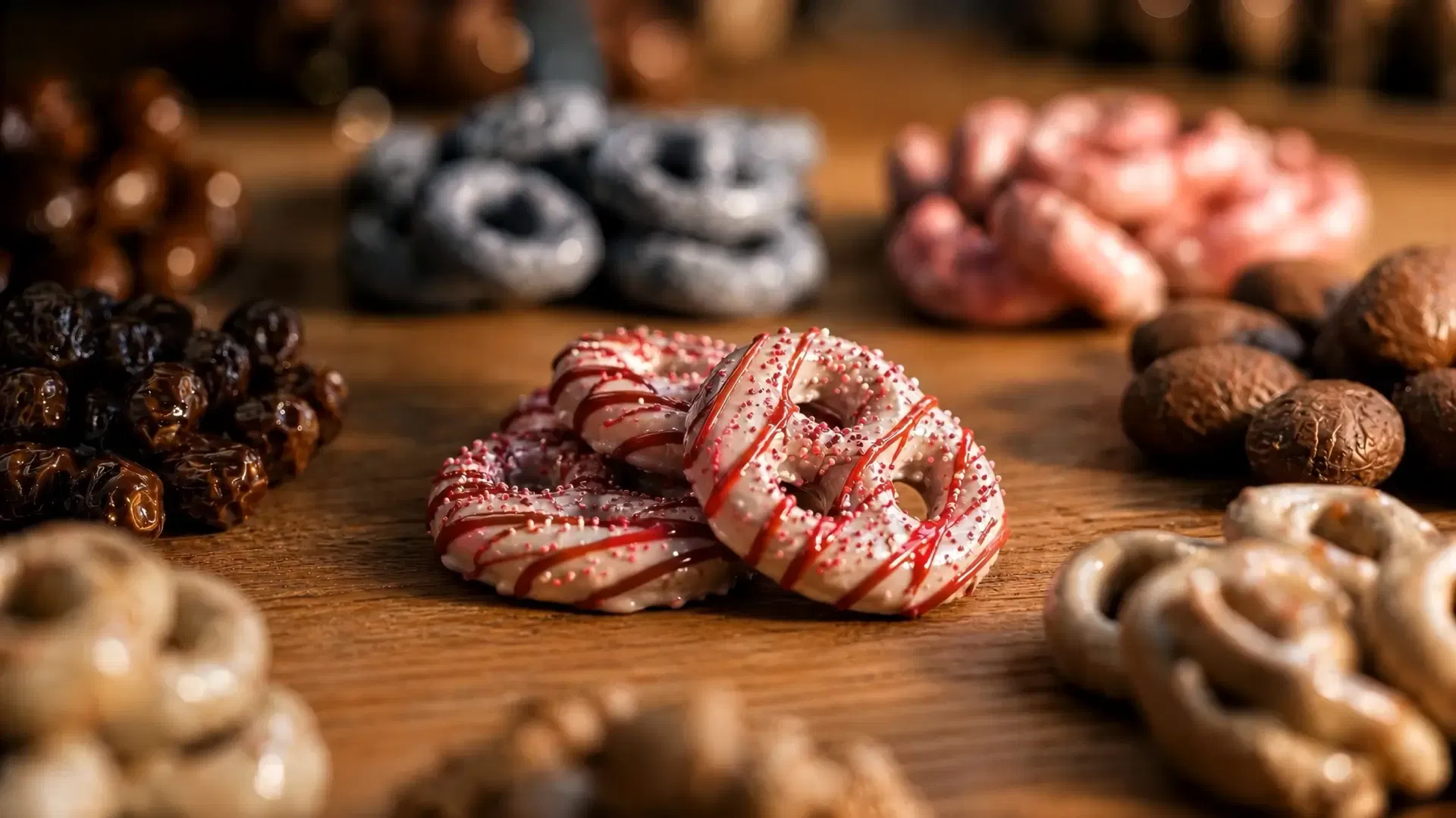 Macro detail shot of Hayden Valley raspberry drizzled frosted pretzels with sprinkles